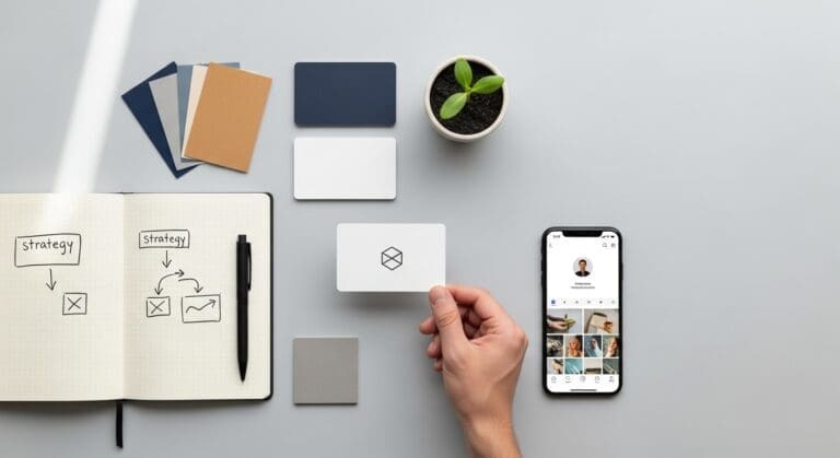 A flat lay of a business card with a new logo, surrounded by branding elements like color swatches and a strategy notebook, representing a small business branding guide.