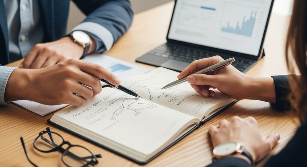 A strategist's hands organizing sticky notes into three clusters on a wooden table, representing the foundational stage of brand strategy.
