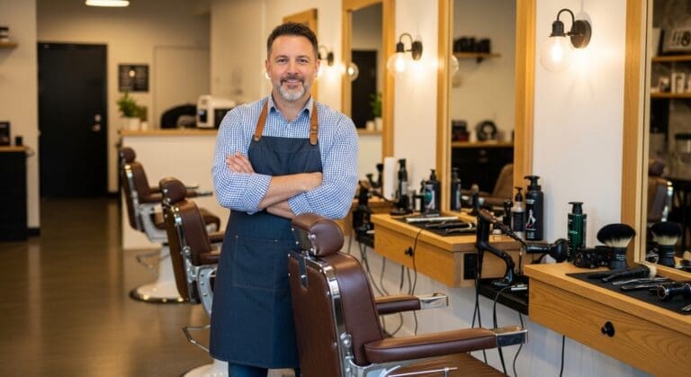 A proud small business owner standing confidently in his modern barbershop, the successful result of effective lead generation strategies.