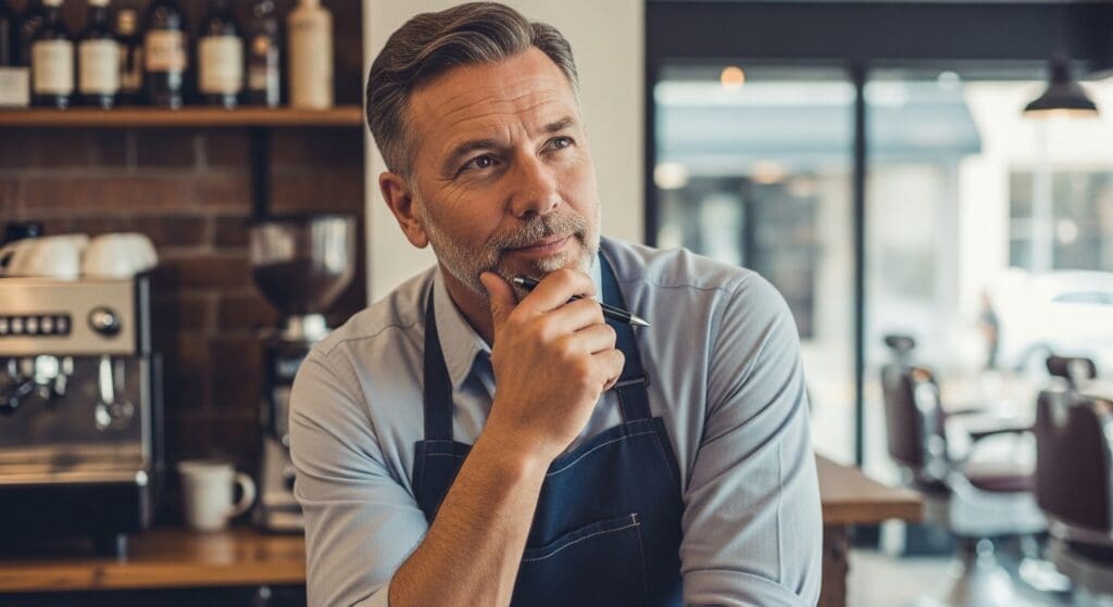 A local business owner stands in his shop, thoughtfully considering a strategic investment in his company's future.