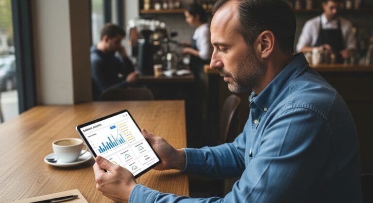 A proud local service business owner in his workshop, looking at a tablet that shows his business ranked number one on Google Maps—the result of a successful local SEO blueprint.