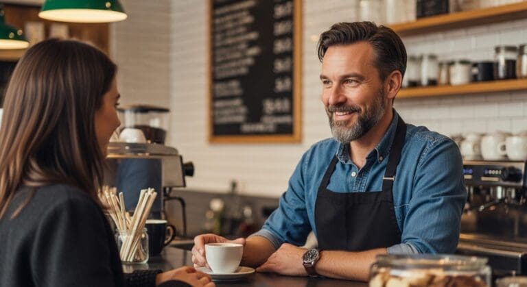 A proud coffee shop owner smiles while serving a customer, able to focus on his business with the peace of mind provided by professional WordPress website management services.