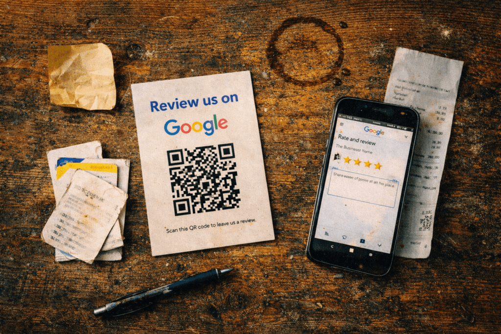 Google review request materials including QR code card, smartphone with review page, and printed receipt showing how to get google reviews from customers