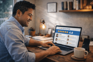 Local business owner reviewing Google Business Profile on laptop showing 5-star reviews and customer testimonials for reputation management