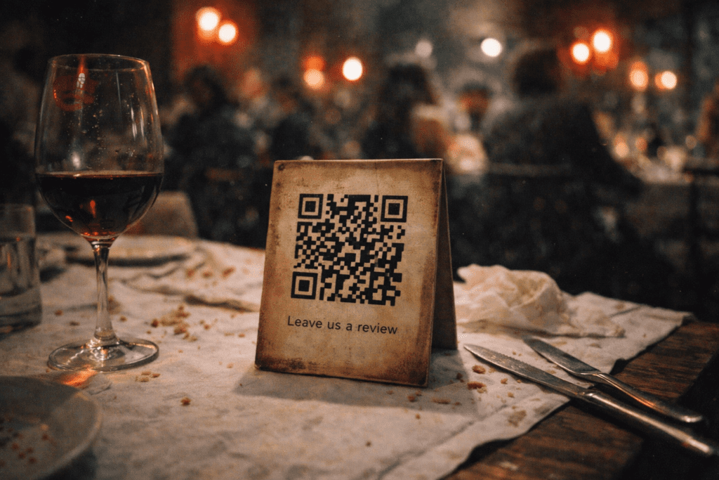 Restaurant table tent with QR code for Google review requests showing in-person review strategy for local businesses