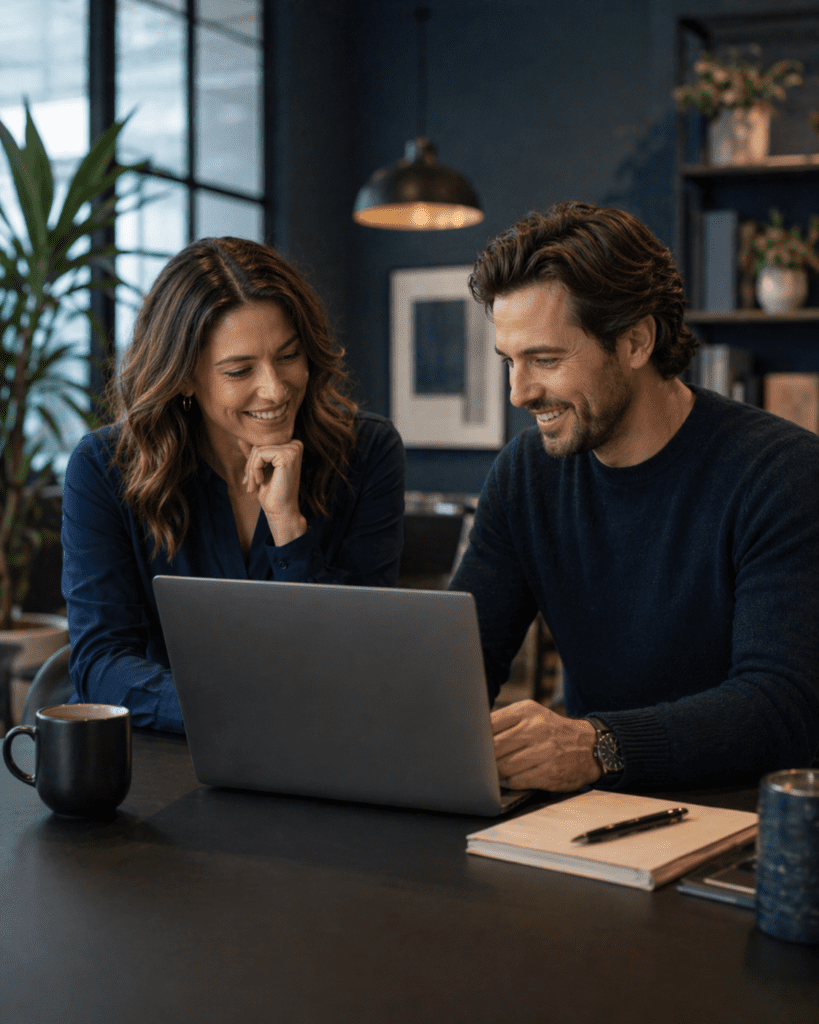Local business owner reviewing website growth strategy with a digital consultant in a professional blue-toned office