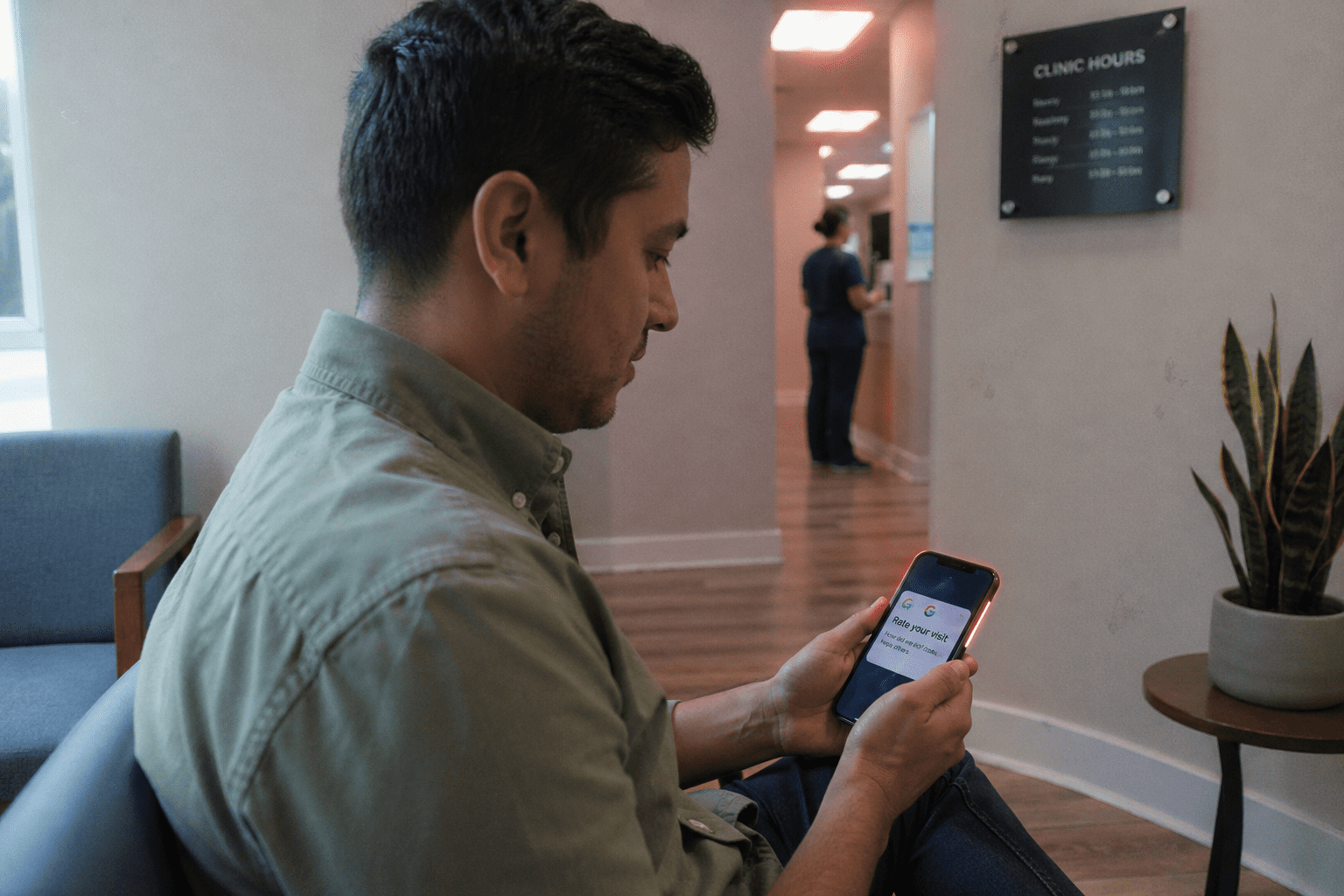 Dental patient reading a Google review request on a phone in a dental clinic hallway