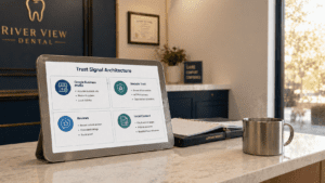 Trust Signal Architecture diagram showing four local SEO pillars for dental clinics: Google Business Profile, website trust, reviews, and local content