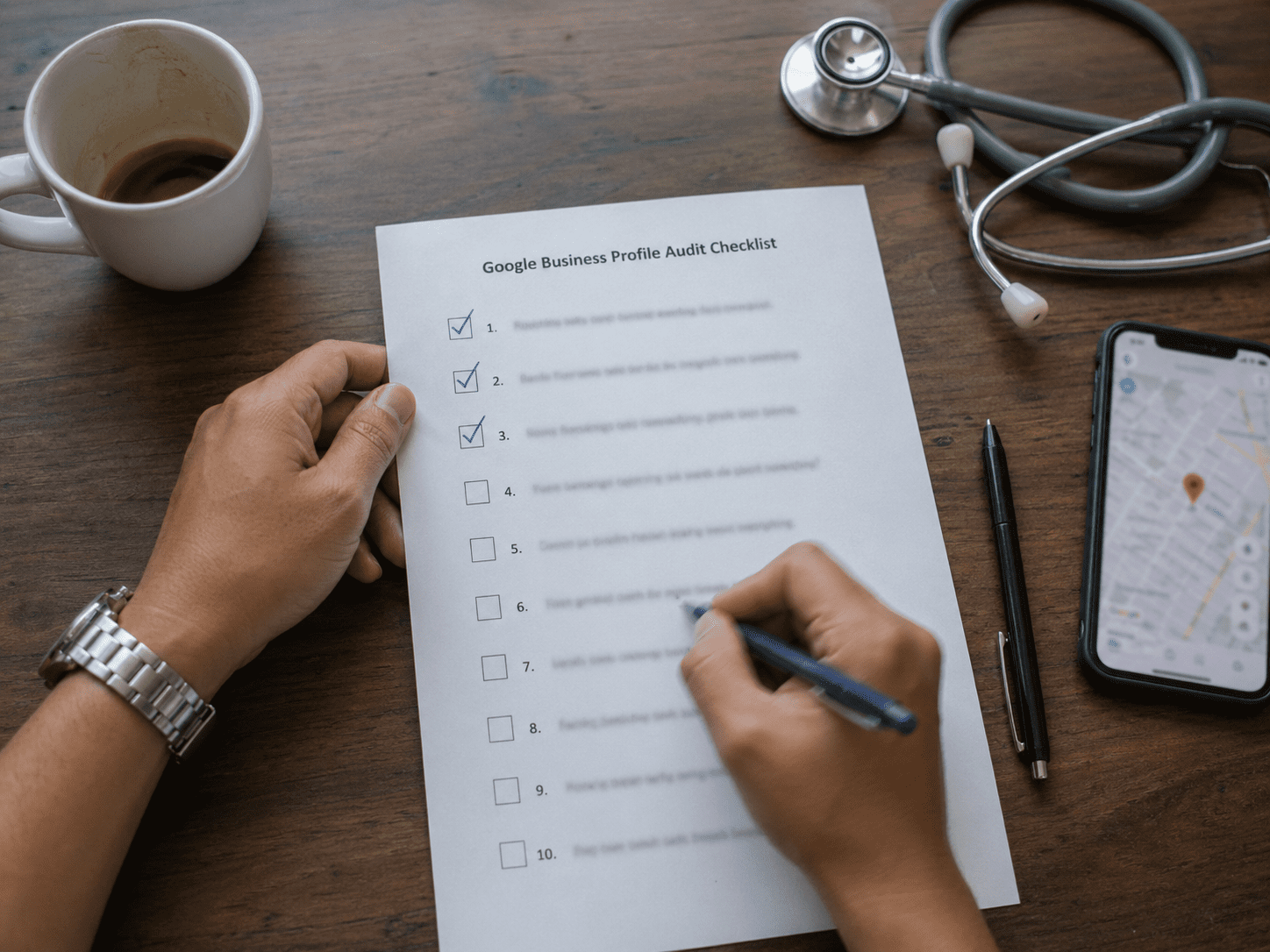 Dental clinician reviewing a printed Google Business Profile audit checklist for local SEO