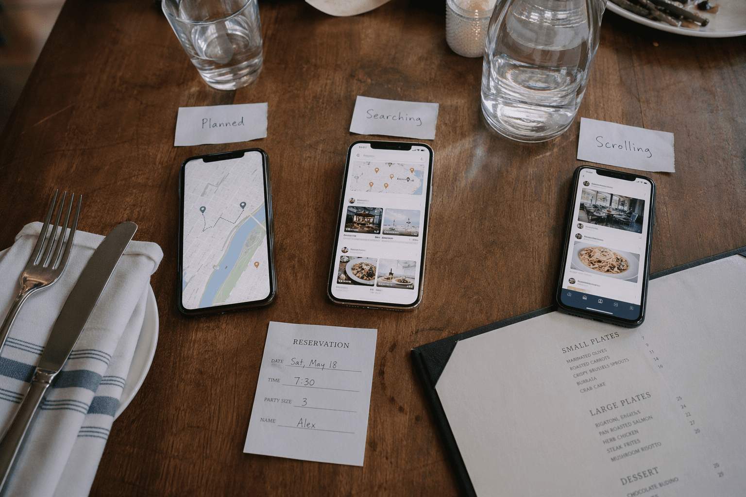 Diagram showing how diners discover restaurants through search, maps, and social media when asking do restaurants need a website