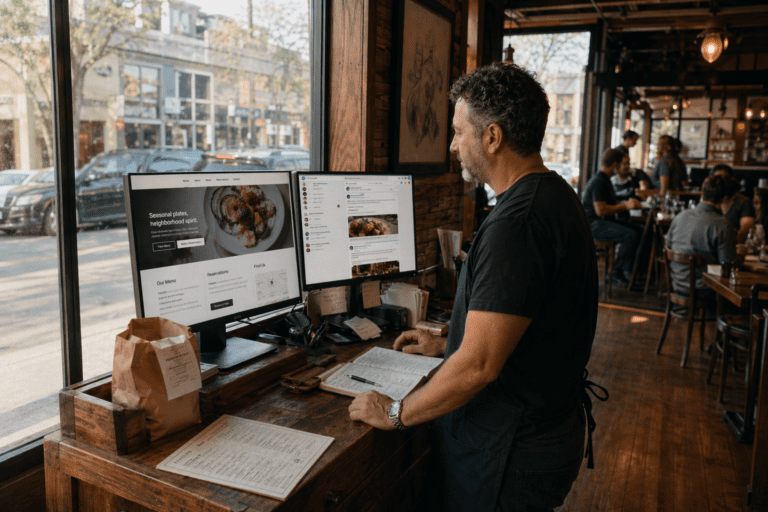Restaurant owner comparing website analytics and Facebook insights while deciding how to attract more local diners