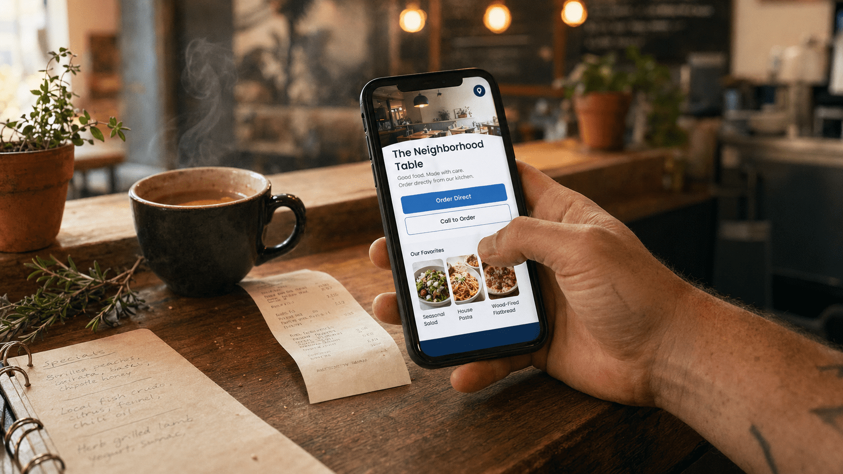 Restaurant local SEO direct order page blueprint showing Google Maps, menu highlights, and ordering options for a local restaurant