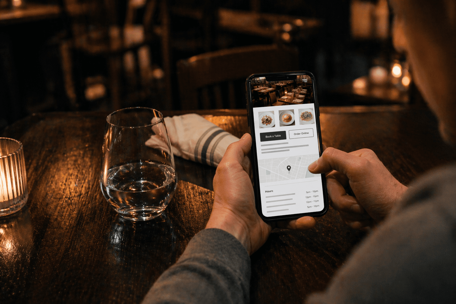 Mobile-friendly restaurant website showing menu, map, and online orders and reservations for a local restaurant